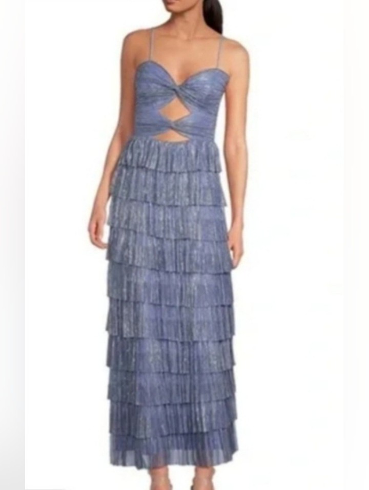 Gianni Bini Grace Metallic Plisse Sweetheart Neck Cut-Out Tiered Dress In A Blue